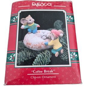 Vintage 1993 Enesco Treasury Coffee Break Mouse Ornament Set 2 Mice 90s Boxed